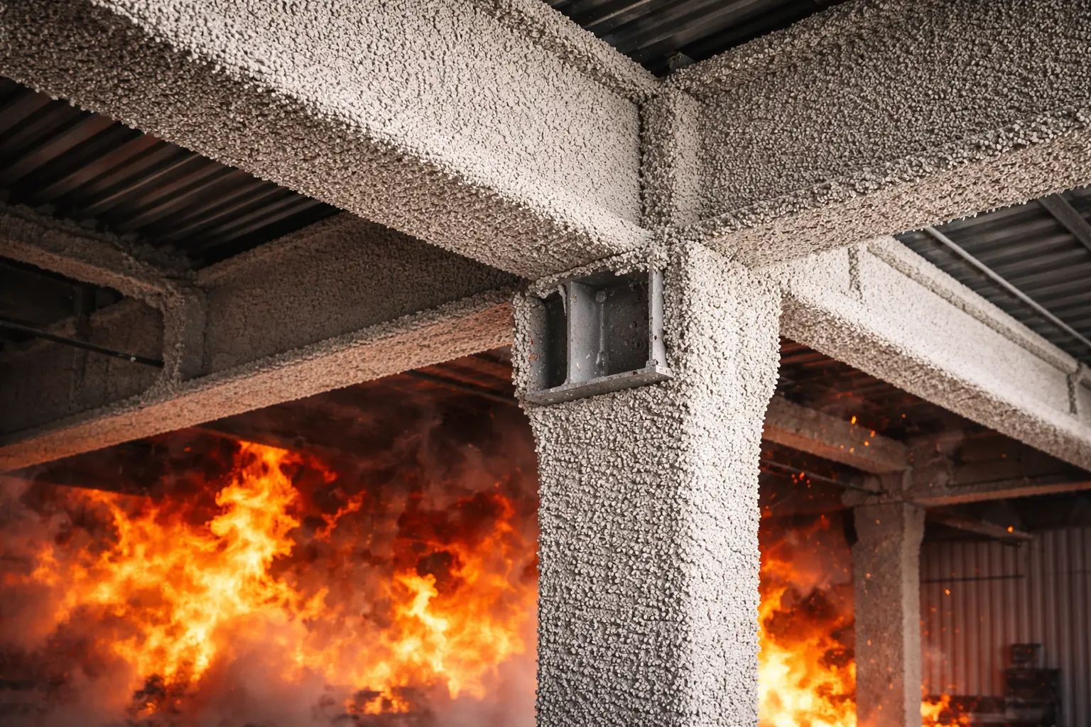 Flocage coupe-feu sur structure béton pour stabilité incendie